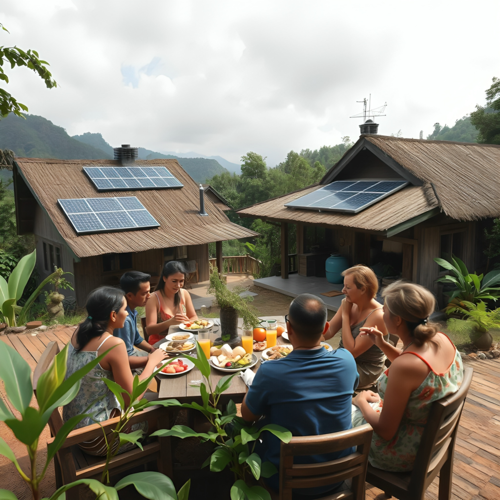 Turistas disfrutando de un desayuno al aire libre en un ecolodge sostenible rodeado de naturaleza.