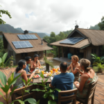 Turistas disfrutando de un desayuno al aire libre en un ecolodge sostenible rodeado de naturaleza.