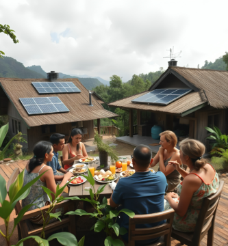 Turistas disfrutando de un desayuno al aire libre en un ecolodge sostenible rodeado de naturaleza.