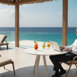 Un ejecutivo moderno trabajando en una terraza frente al mar con un cóctel en la mesa