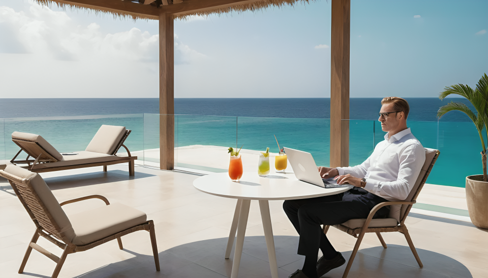 Un ejecutivo moderno trabajando en una terraza frente al mar con un cóctel en la mesa