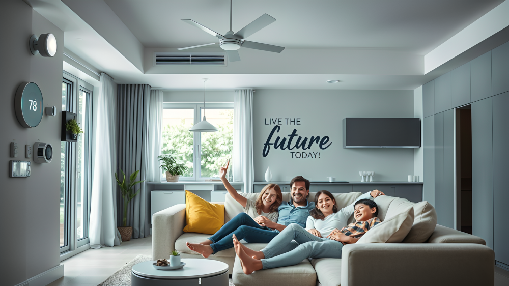 Una familia disfrutando de un hogar inteligente lleno de tecnología moderna y confort.