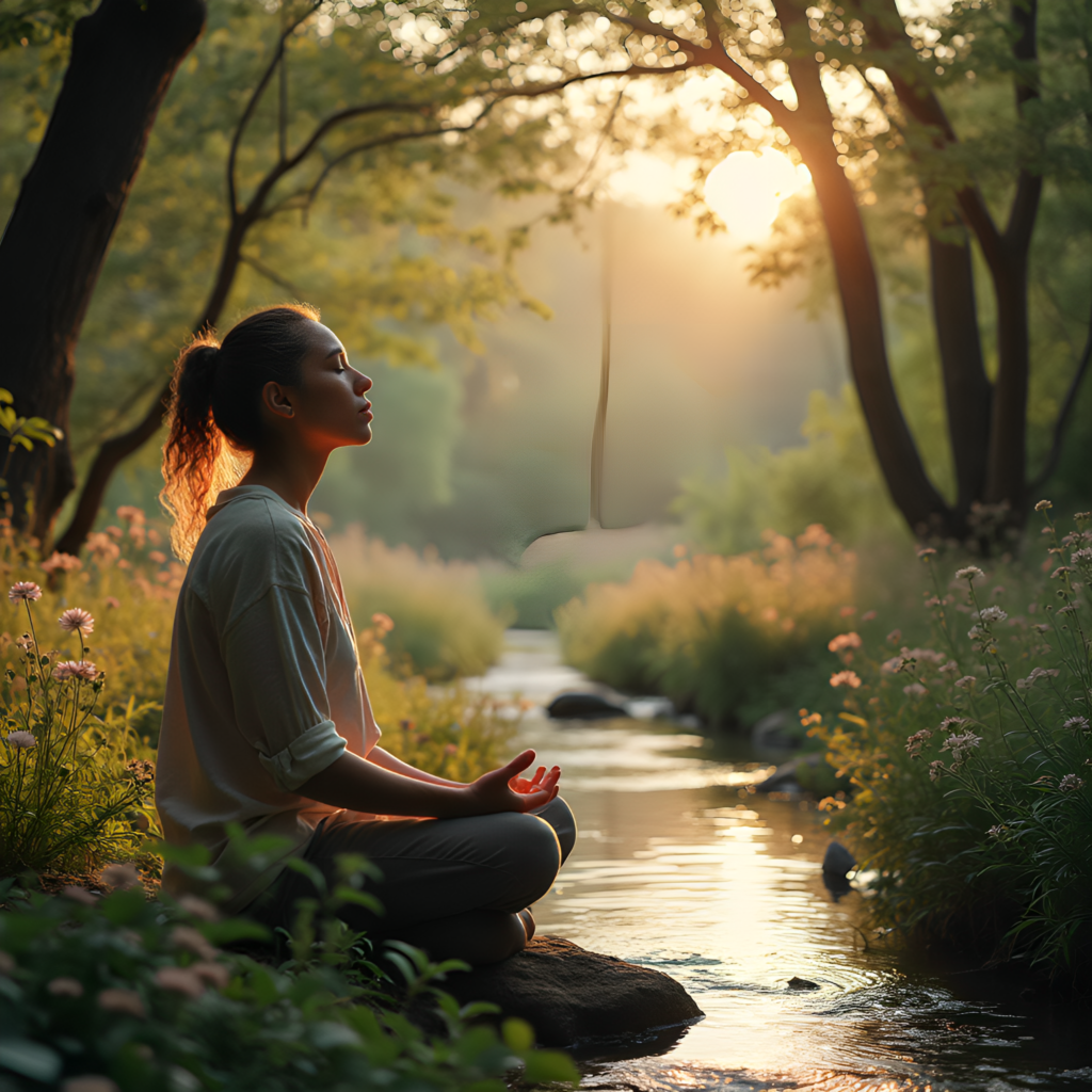 Persona sentada en un entorno natural, practicando mindfulness, con ojos cerrados y rodeada de árboles y flores.