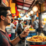 trotamundos disfrutando de comida callejera en un mercado local, rodeado de coloridos puestos y vendedores