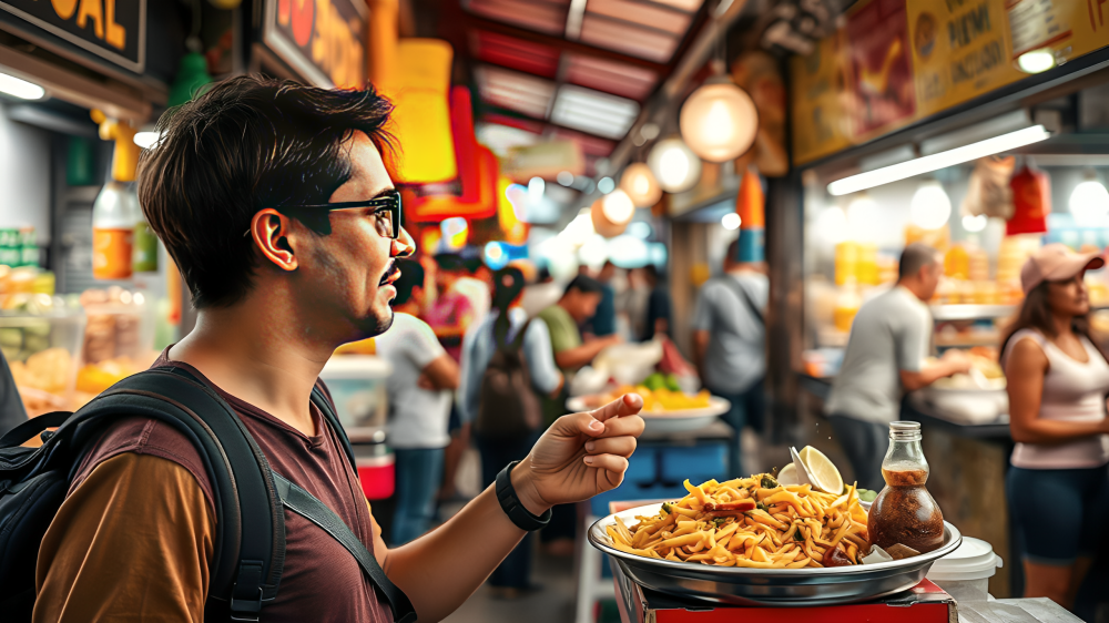 trotamundos disfrutando de comida callejera en un mercado local, rodeado de coloridos puestos y vendedores