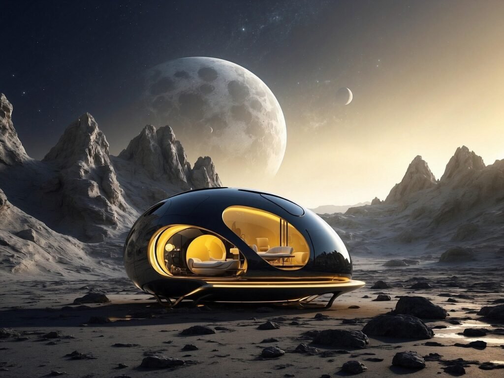 Una casa futurista en un paisaje lunar que representa cómo la tecnología está transformando los viajes.