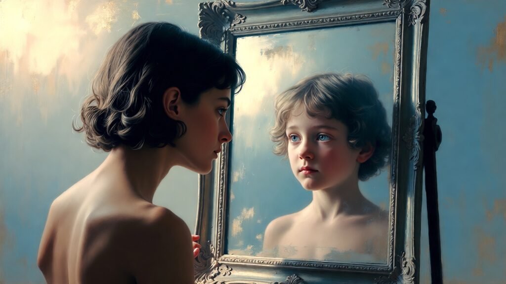 Sanando las heridas de infancia que causan miedo al rechazo Reflejo en espejo que muestra la conexión entre el adulto y el niño interior, representando heridas de infancia y autoestima